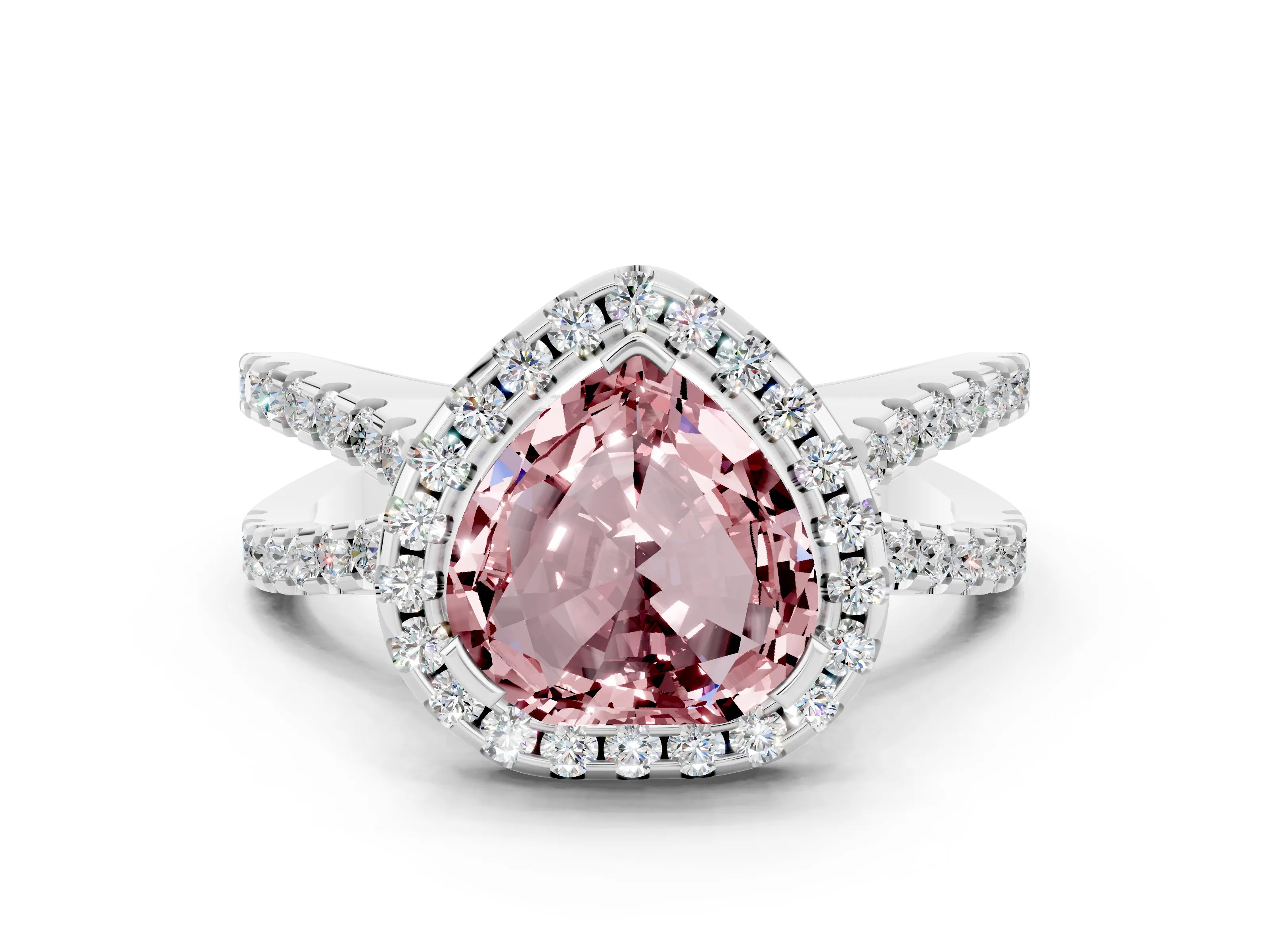 White gold Heart Cut Morganite Halo Ring with Split Shank Pavé Band and Prong Setting
