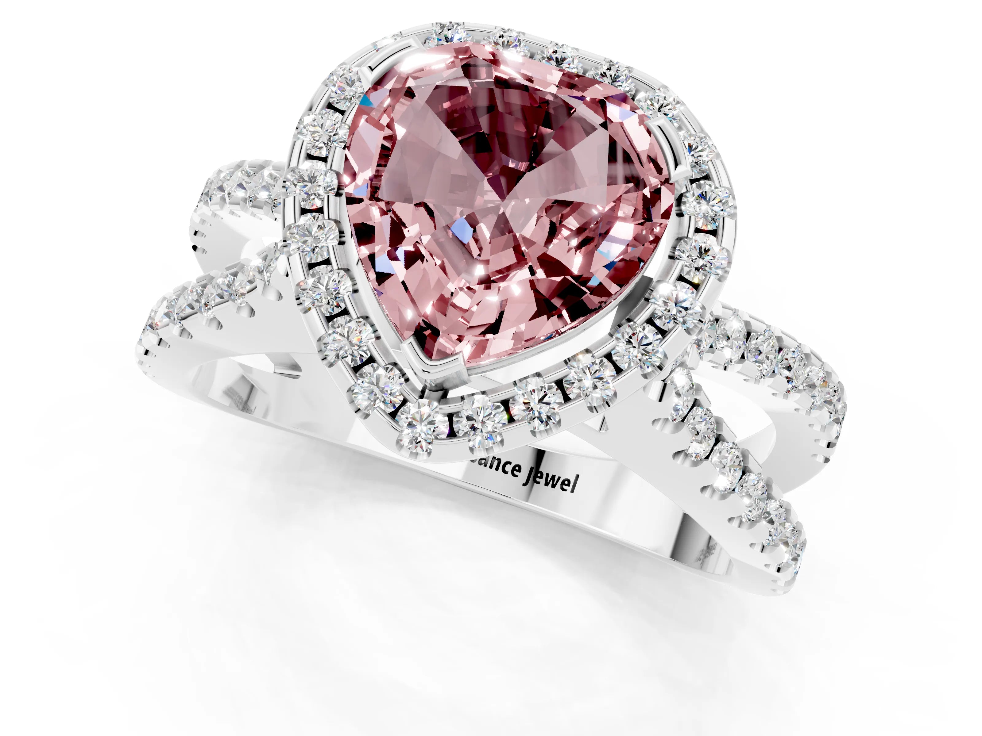 White gold Heart Cut Morganite Halo Ring with Split Shank Pavé Band and Prong Setting_1