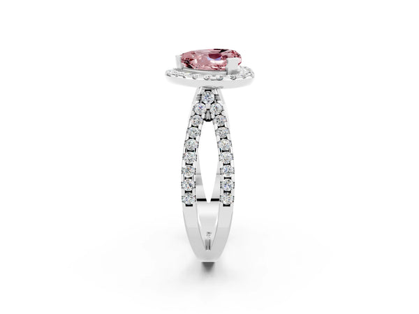 Platinum Heart Cut Morganite Halo Ring with Split Shank Pavé Band and Prong Setting