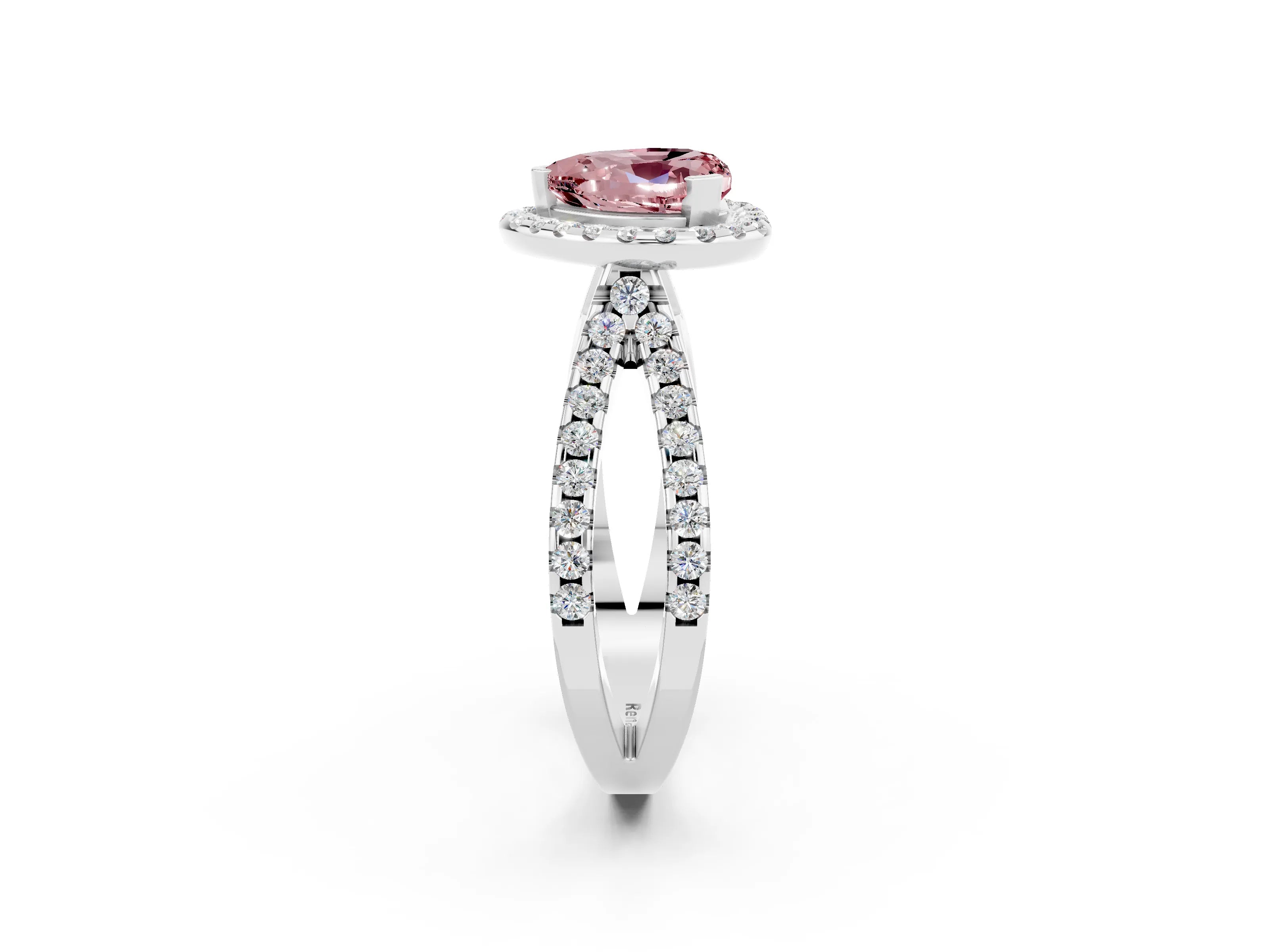 White gold Heart Cut Morganite Halo Ring with Split Shank Pavé Band and Prong Setting_2