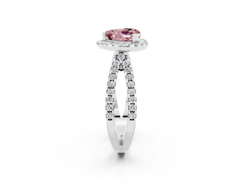 White gold Heart Cut Morganite Halo Ring with Split Shank Pavé Band and Prong Setting_2
