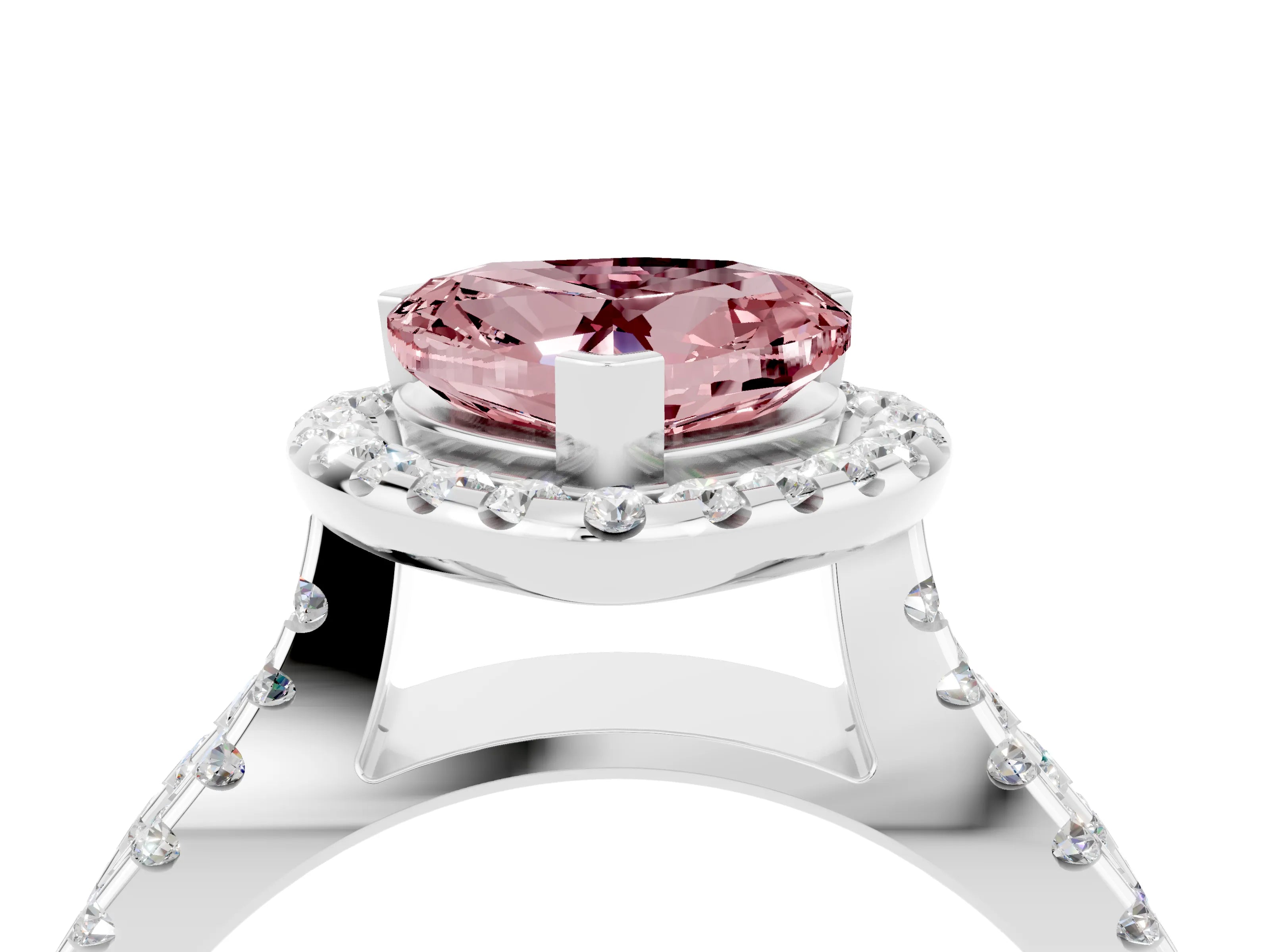 White gold Heart Cut Morganite Halo Ring with Split Shank Pavé Band and Prong Setting_4