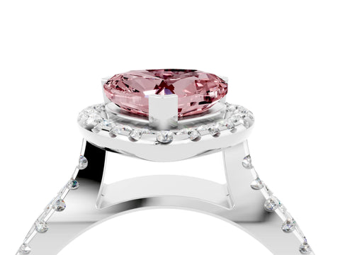 White gold Heart Cut Morganite Halo Ring with Split Shank Pavé Band and Prong Setting_4