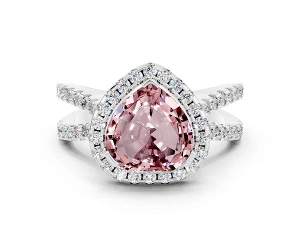 White gold Heart Cut Morganite Halo Ring with Split Shank Pavé Band and Prong Setting