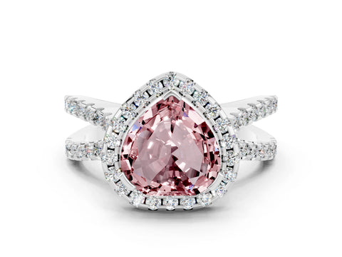 White gold Heart Cut Morganite Halo Ring with Split Shank Pavé Band and Prong Setting