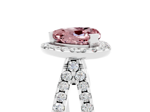 White gold Heart Cut Morganite Halo Ring with Split Shank Pavé Band and Prong Setting_5