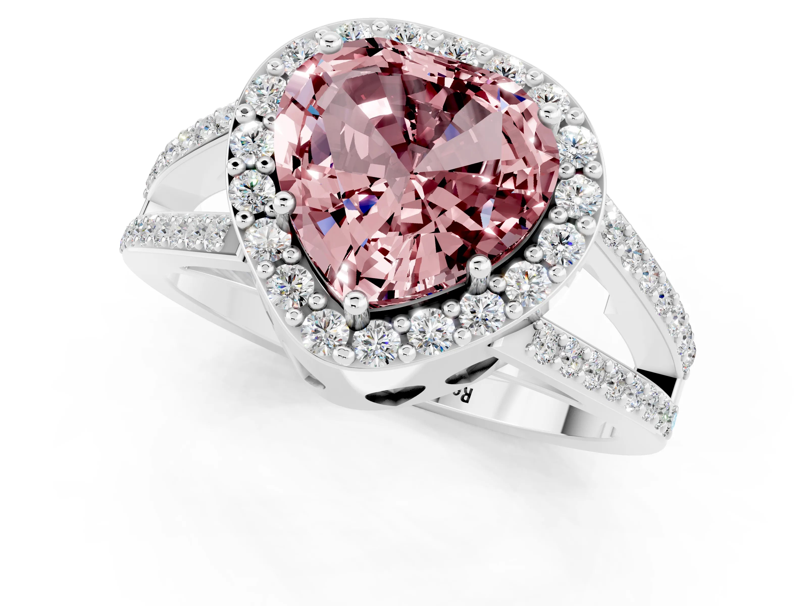 White gold Heart Cut Morganite Halo Ring with Split Shank U-Prong Band and Four-Prong Setting_1