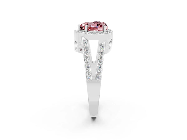 White gold Heart Cut Morganite Halo Ring with Split Shank U-Prong Band and Four-Prong Setting