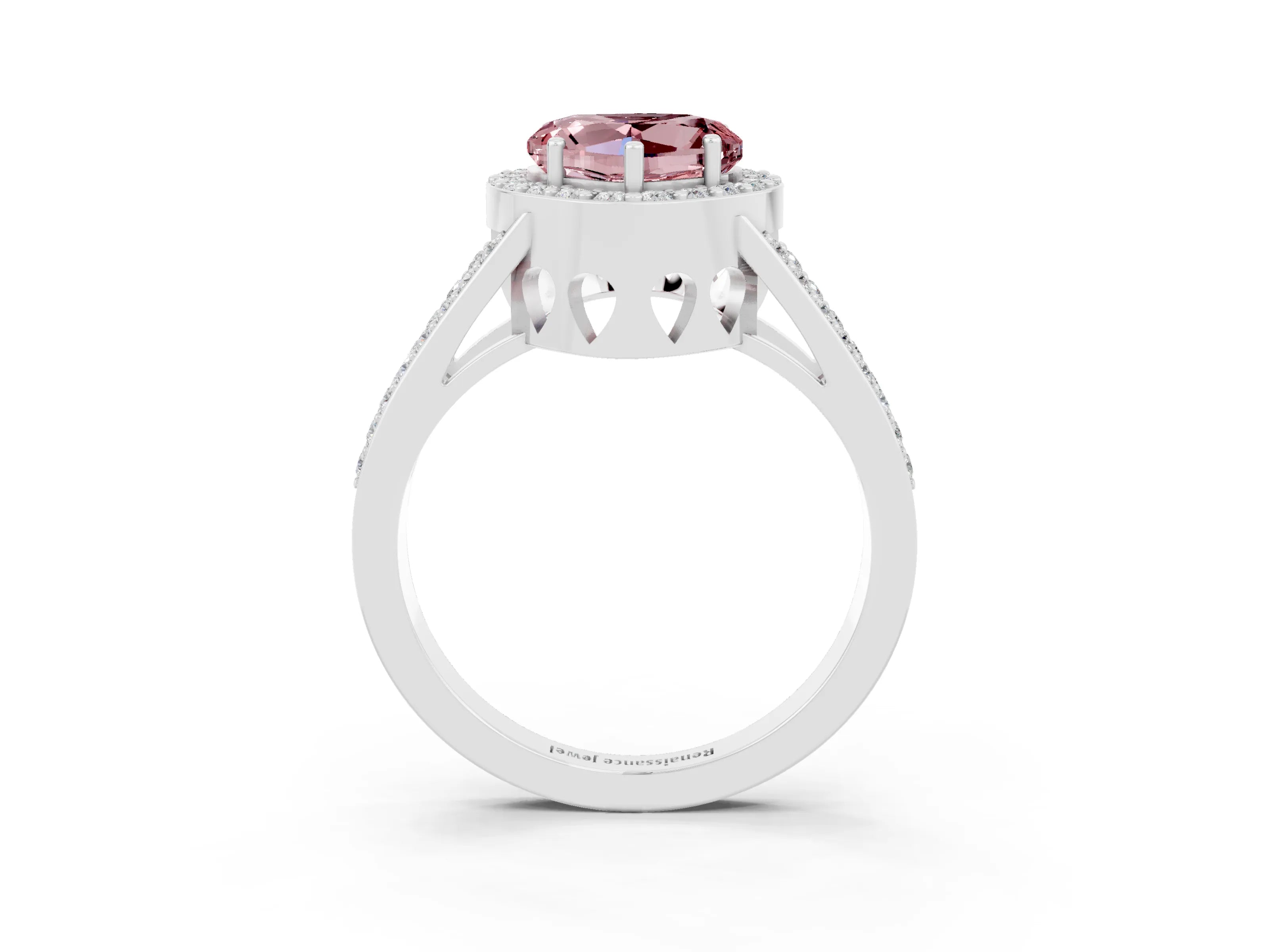 White gold Heart Cut Morganite Halo Ring with Split Shank U-Prong Band and Four-Prong Setting_3