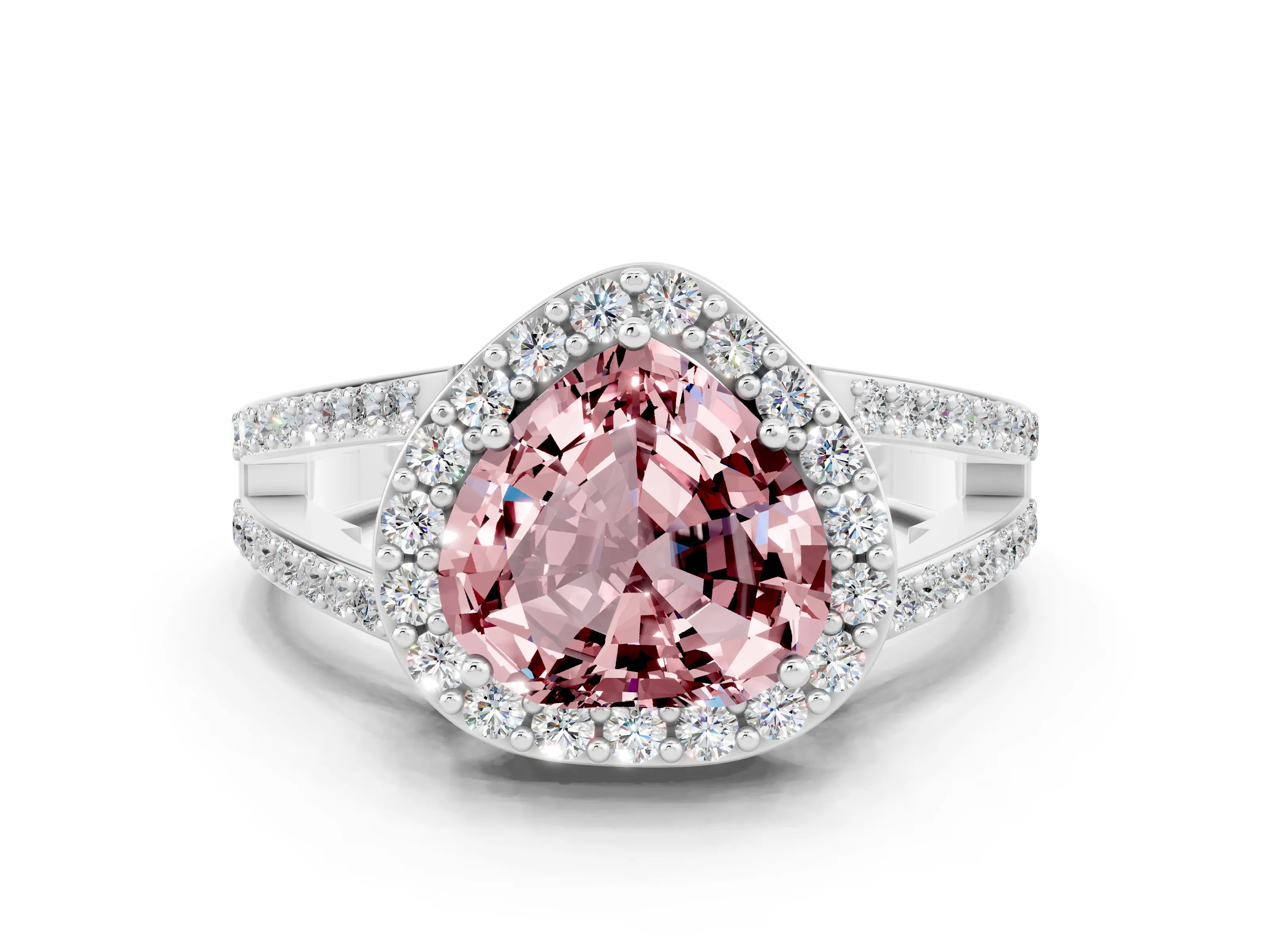 White gold Heart Cut Morganite Halo Ring with Split Shank U-Prong Band and Four-Prong Setting