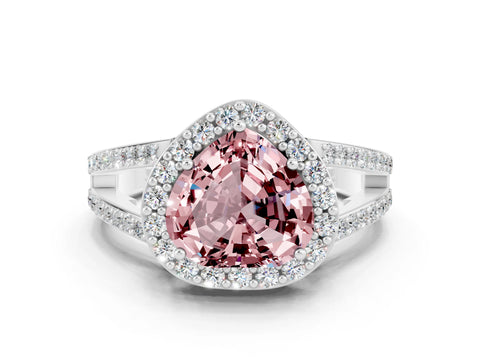 White gold Heart Cut Morganite Halo Ring with Split Shank U-Prong Band and Four-Prong Setting