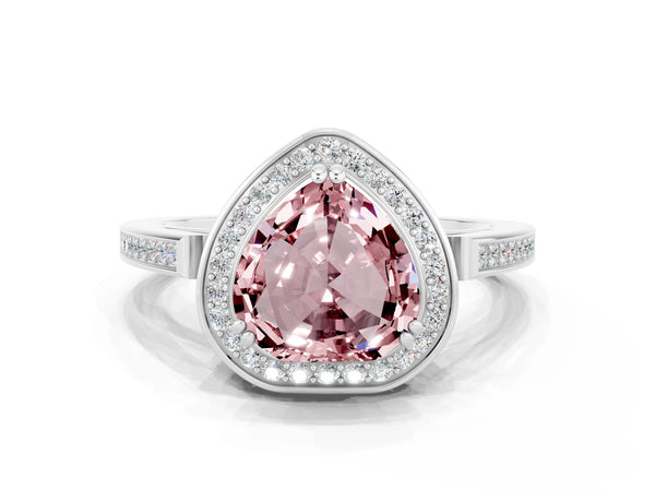 Platinum Heart Cut Morganite Halo Ring with Split Shank and Four-Prong Setting
