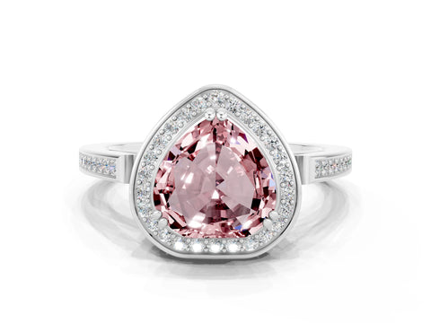 White gold Heart Cut Morganite Halo Ring with Split Shank and Four-Prong Setting