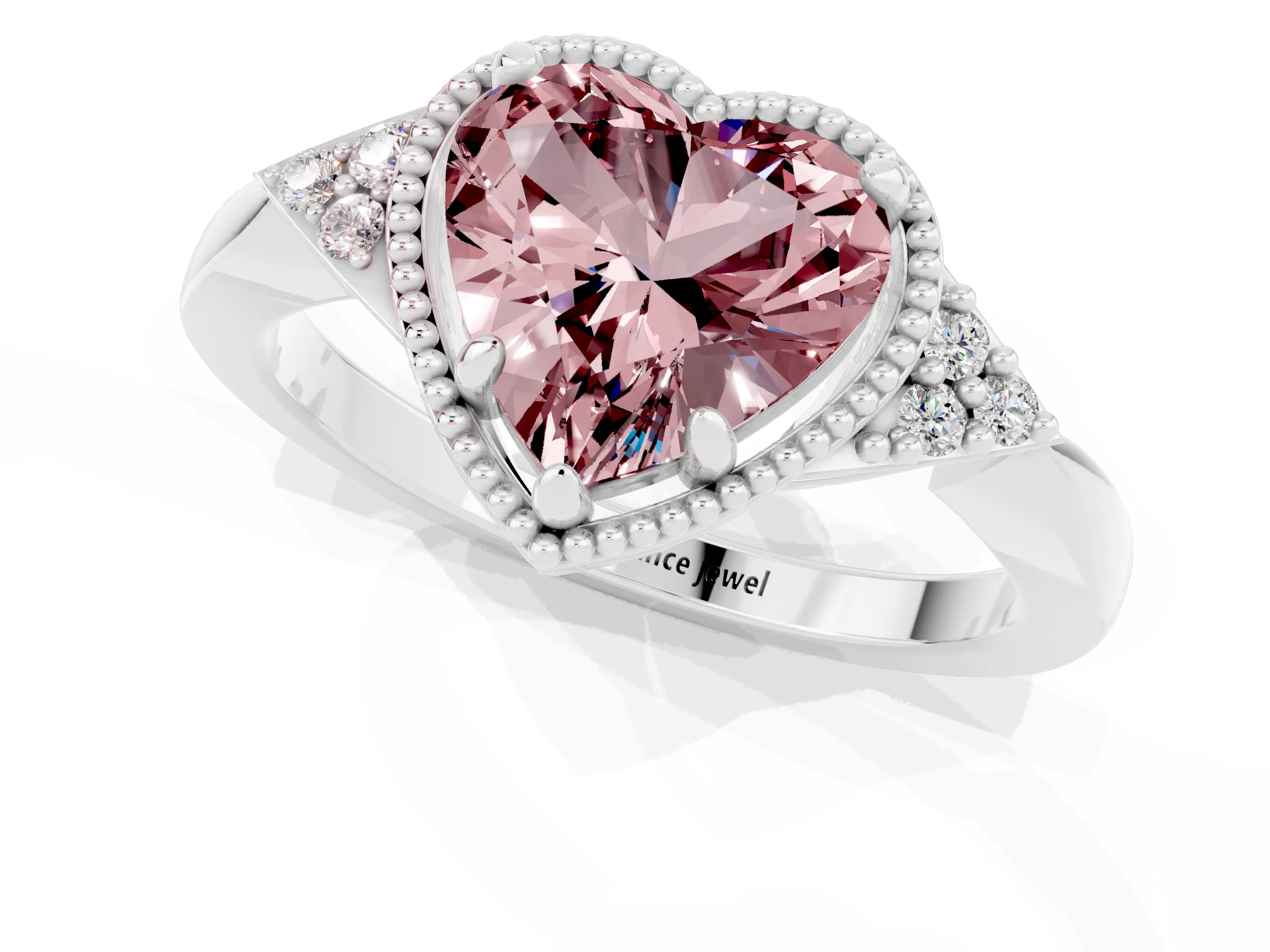 White gold Heart Cut Morganite Halo Ring with Tapered Band and Four-Prong Setting_1