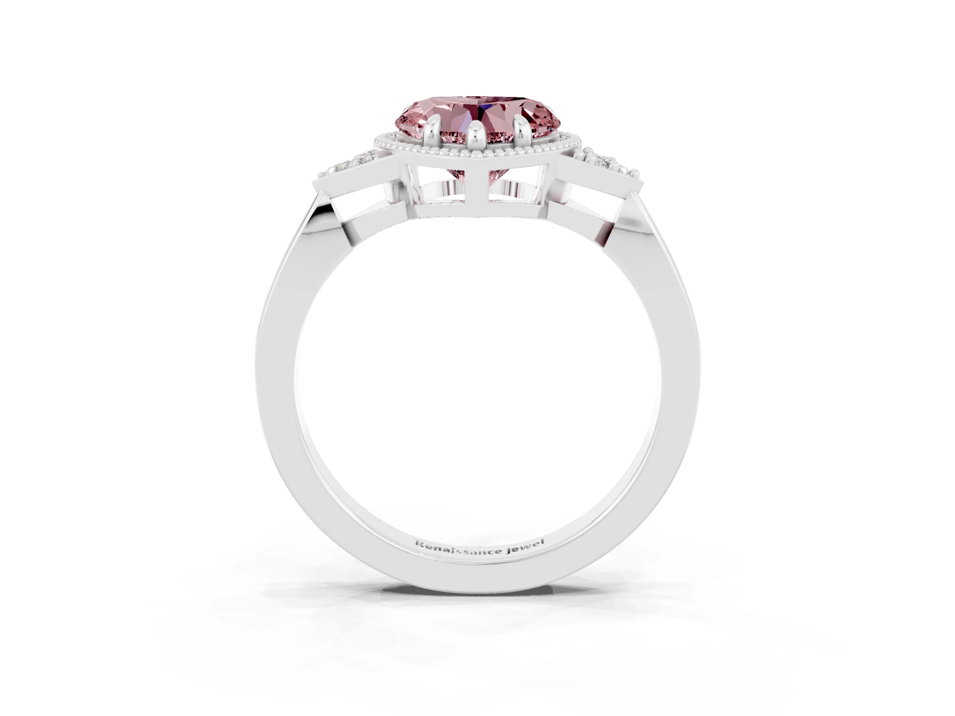 White gold Heart Cut Morganite Halo Ring with Tapered Band and Four-Prong Setting_3