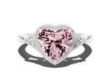 White gold Heart Cut Morganite Halo Ring with Tapered Band and Four-Prong Setting