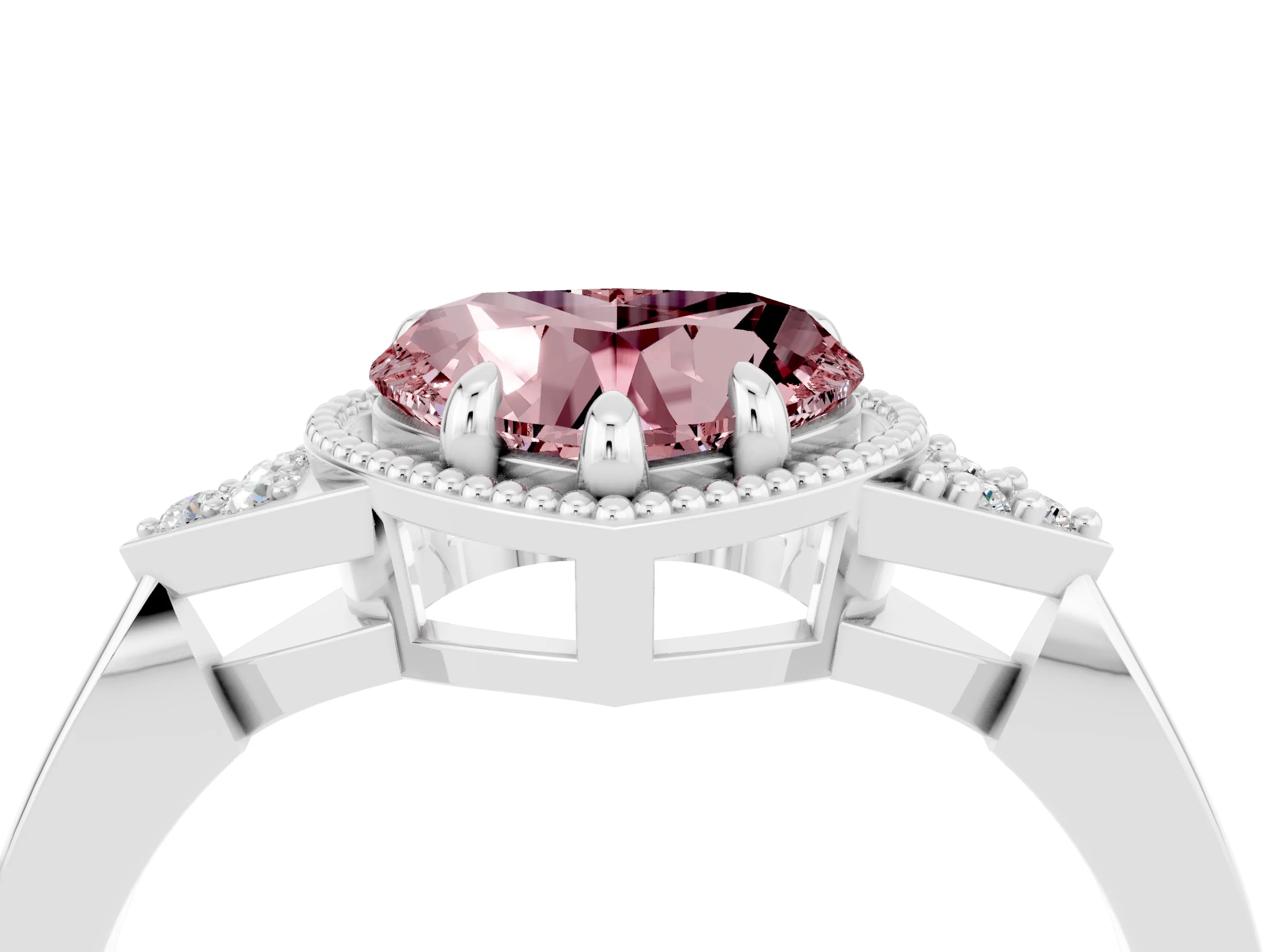 White gold Heart Cut Morganite Halo Ring with Tapered Band and Four-Prong Setting_4