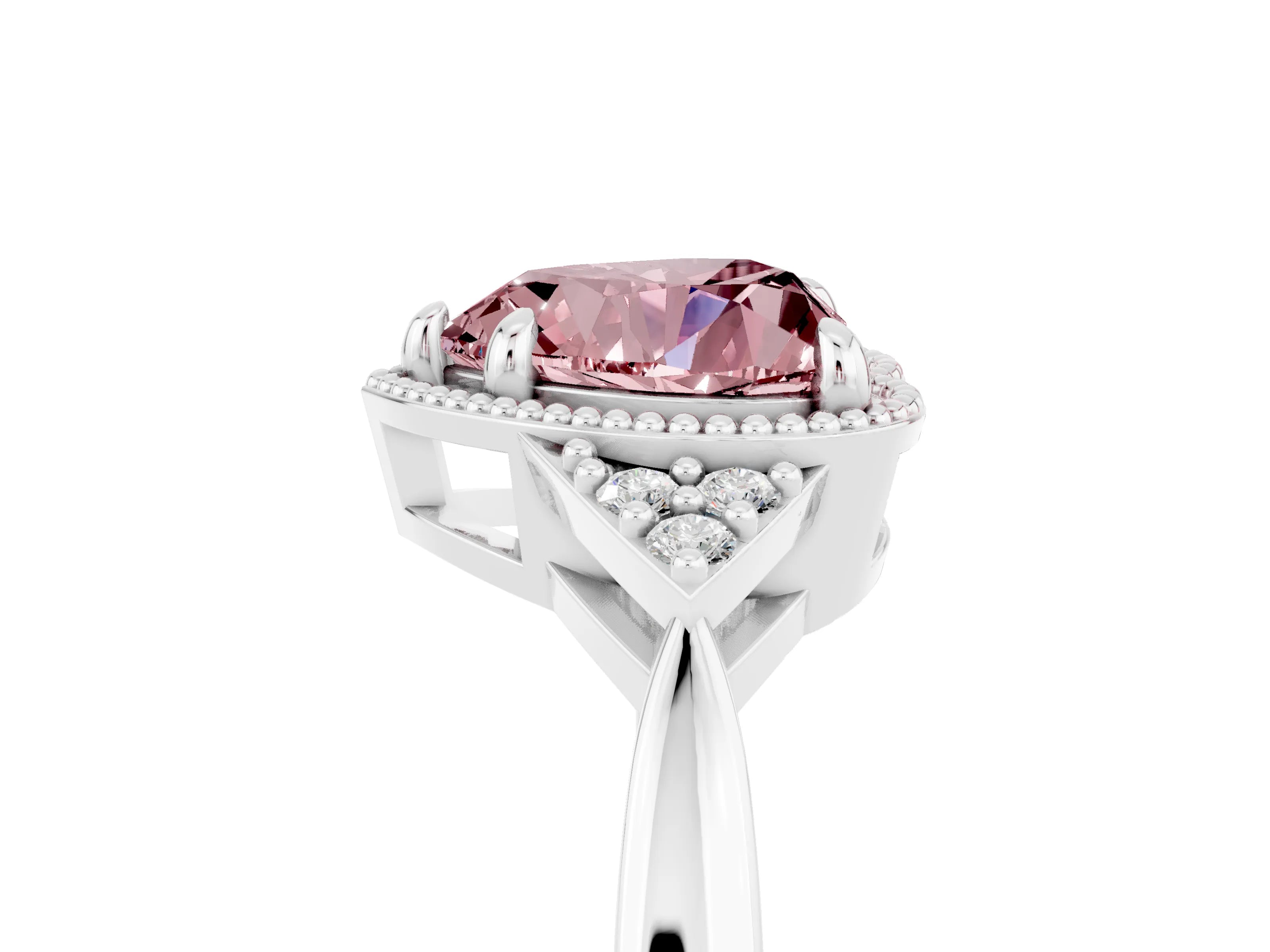 White gold Heart Cut Morganite Halo Ring with Tapered Band and Four-Prong Setting_5
