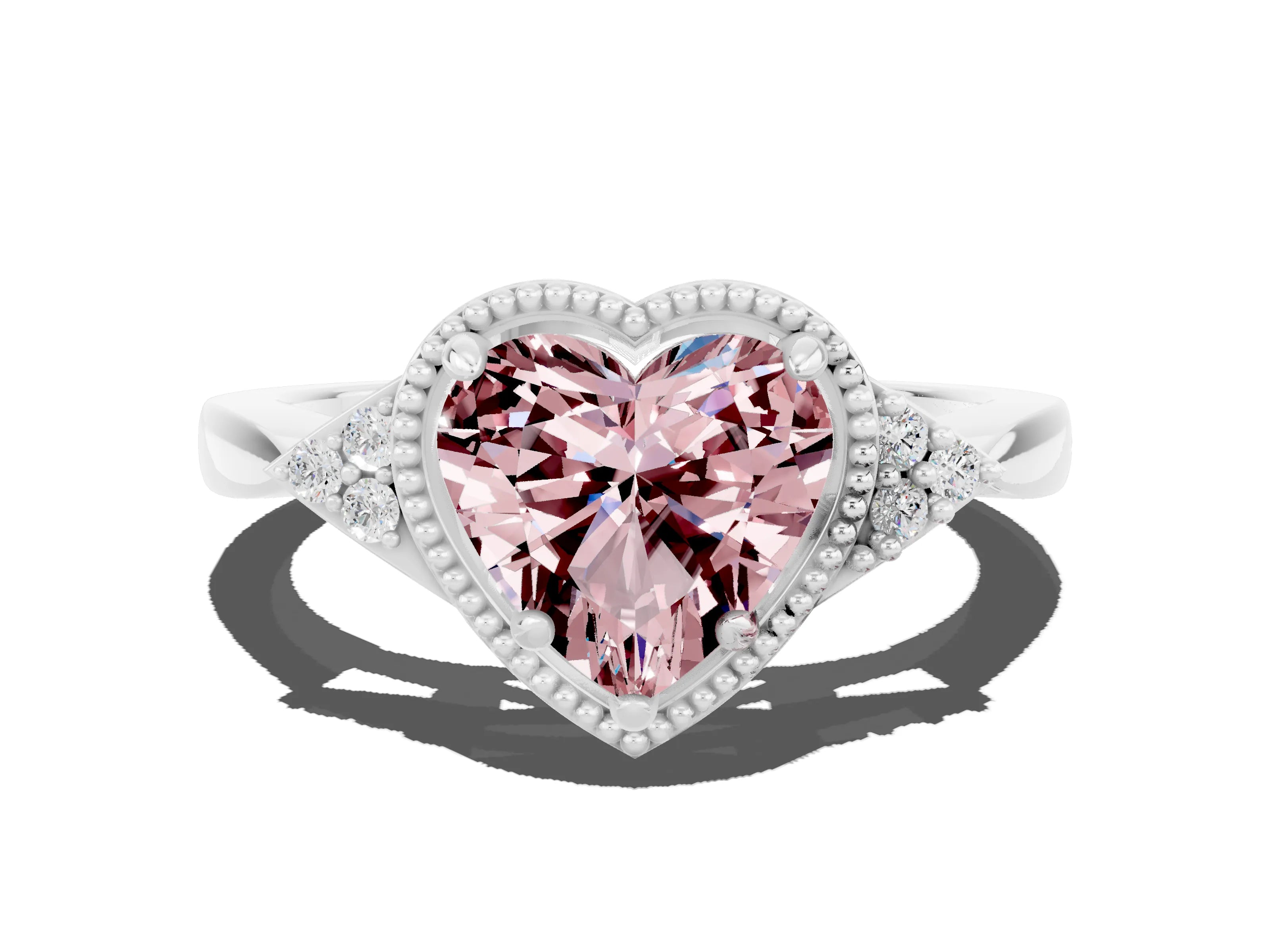White gold Heart Cut Morganite Halo Ring with Tapered Band and Four-Prong Setting