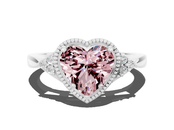 Silver Heart Cut Morganite Halo Ring with Tapered Band and Four-Prong Setting