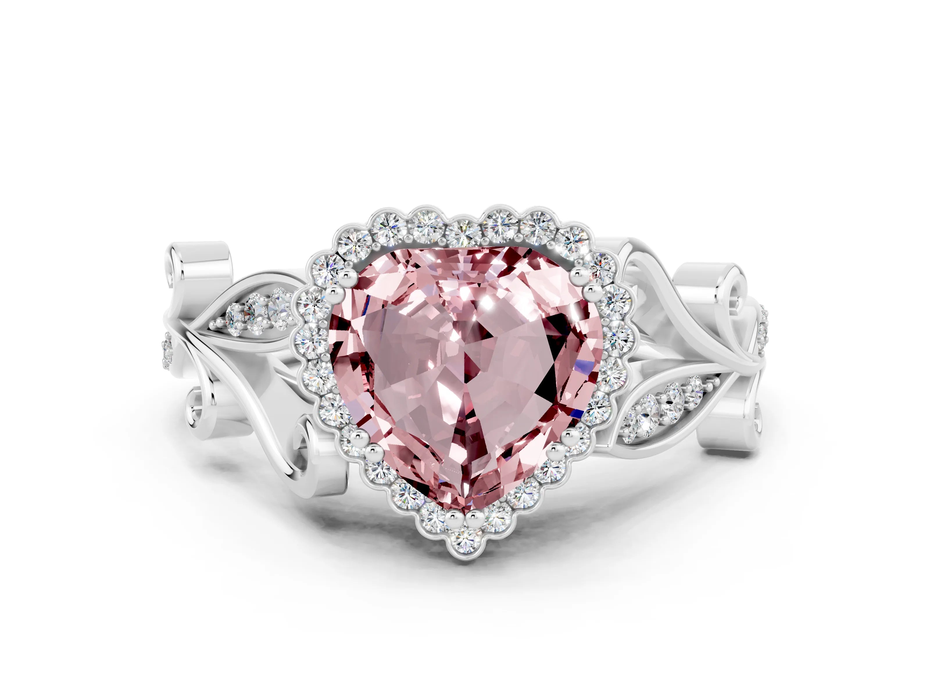 White gold Heart Cut Morganite Halo Ring with Vintage Split Shank and Four-Prong Setting_24