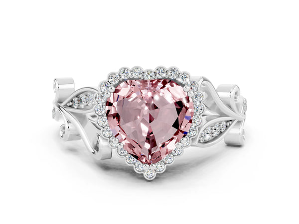 Platinum Heart Cut Morganite Halo Ring with Vintage Split Shank and Four-Prong Setting