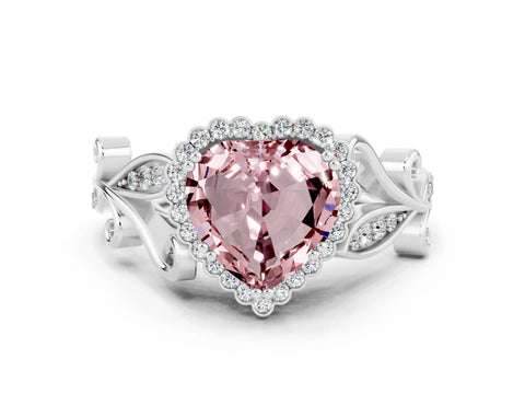White gold Heart Cut Morganite Halo Ring with Vintage Split Shank and Four-Prong Setting_24