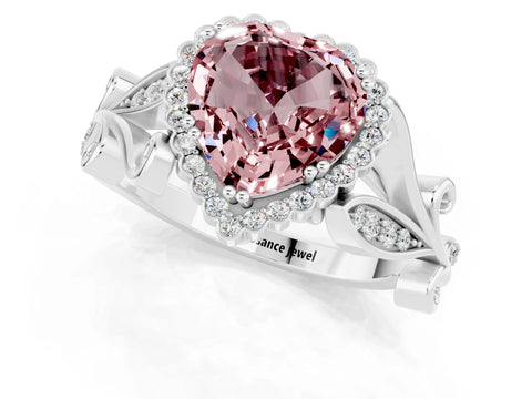 White gold Heart Cut Morganite Halo Ring with Vintage Split Shank and Four-Prong Setting_25