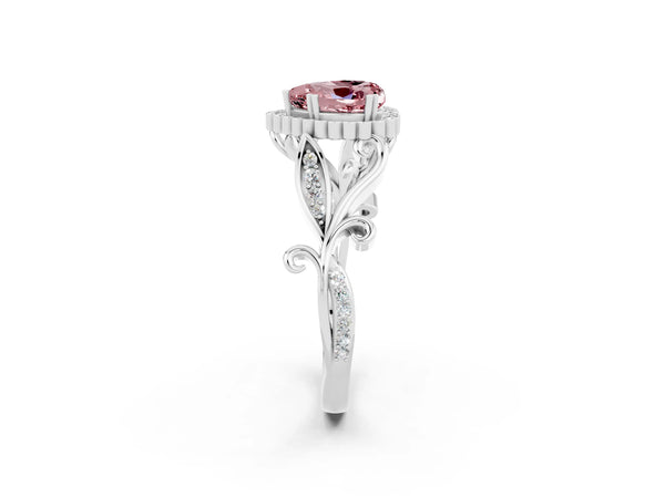White gold Heart Cut Morganite Halo Ring with Vintage Split Shank and Four-Prong Setting