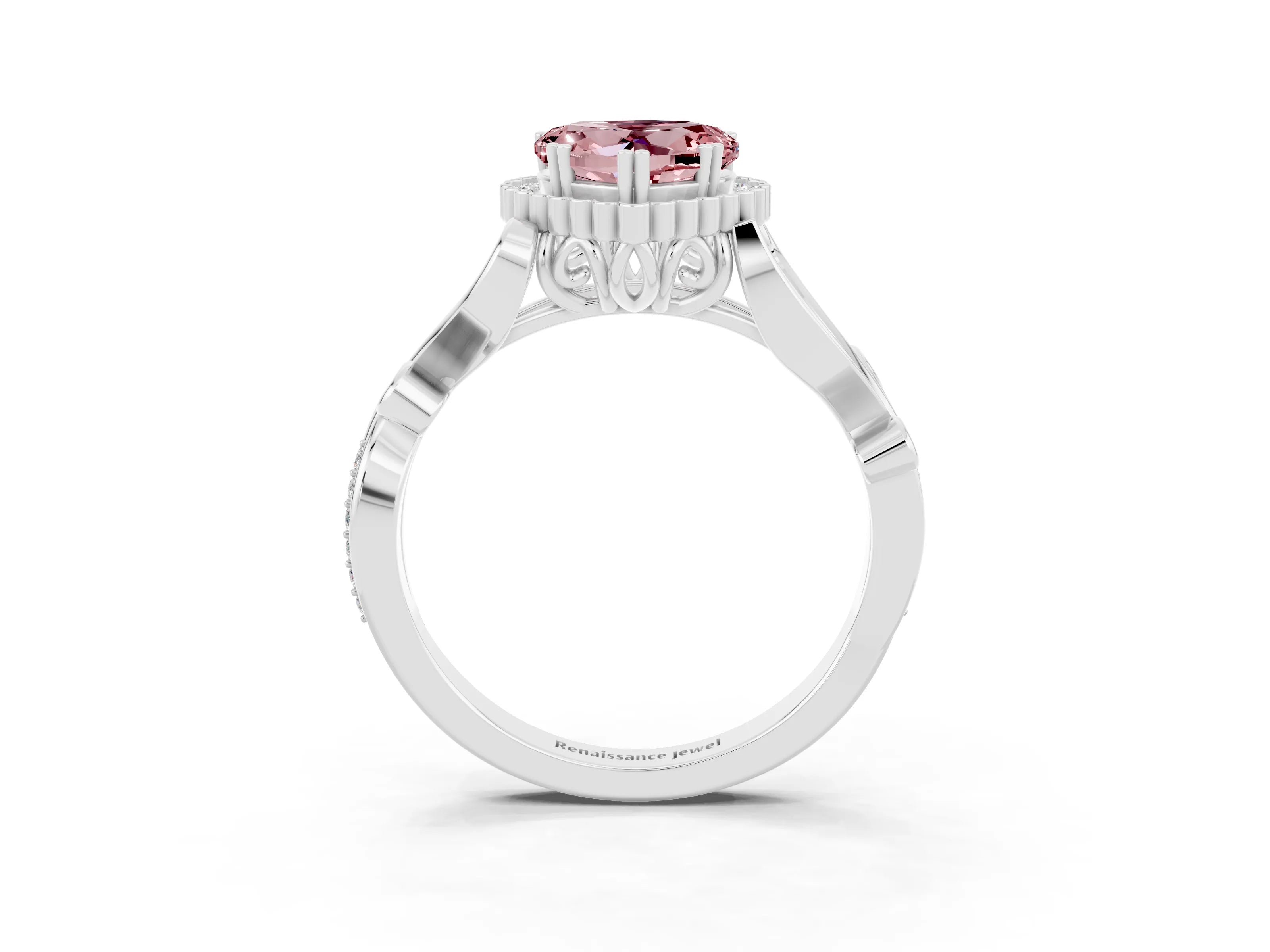 White gold Heart Cut Morganite Halo Ring with Vintage Split Shank and Four-Prong Setting_27