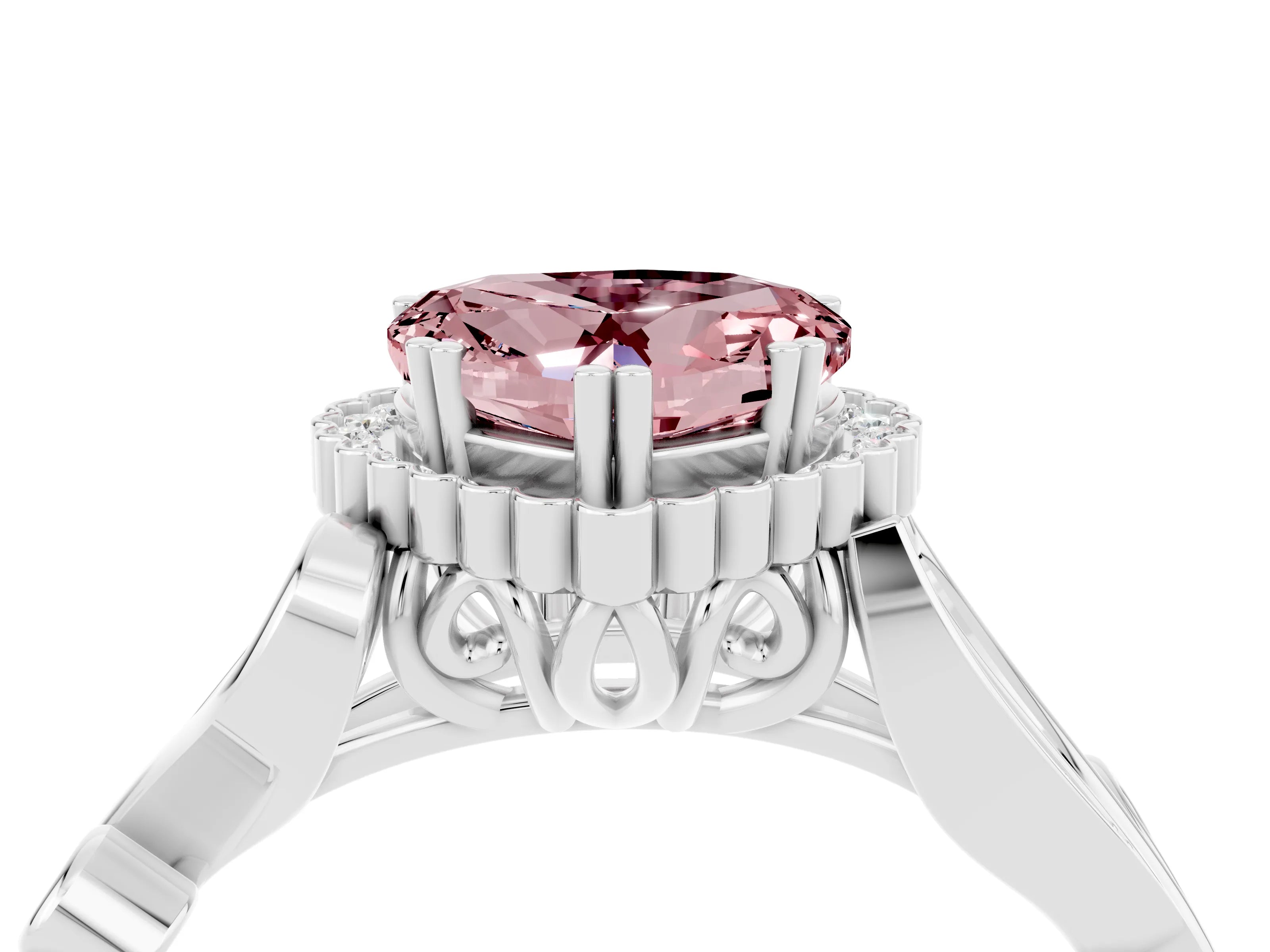 White gold Heart Cut Morganite Halo Ring with Vintage Split Shank and Four-Prong Setting_28