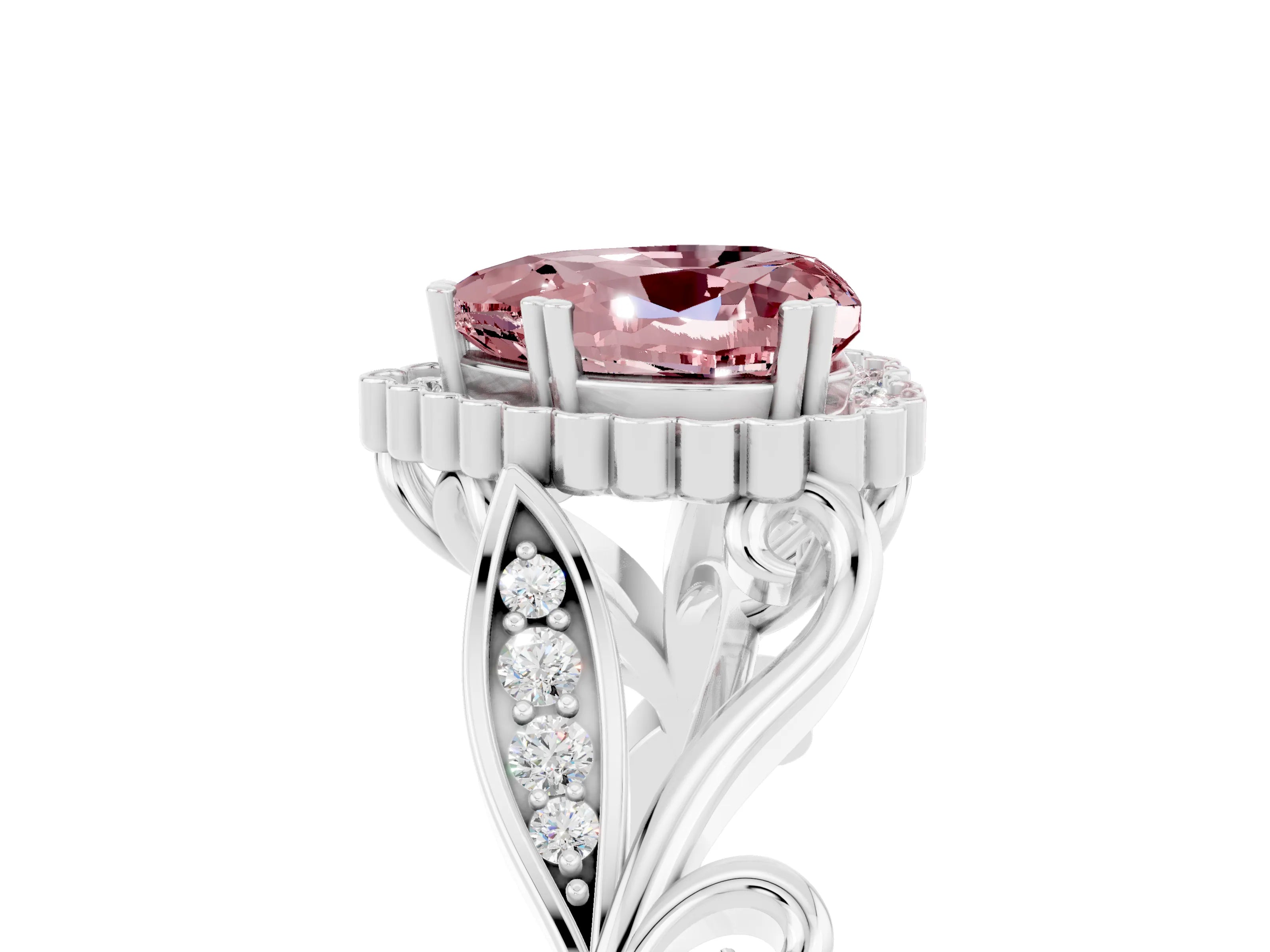 White gold Heart Cut Morganite Halo Ring with Vintage Split Shank and Four-Prong Setting_29