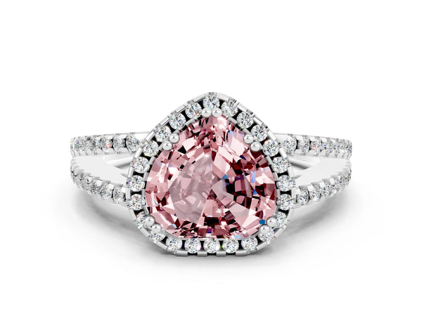Silver Heart Cut Morganite Halo Split Shank Engagement Ring