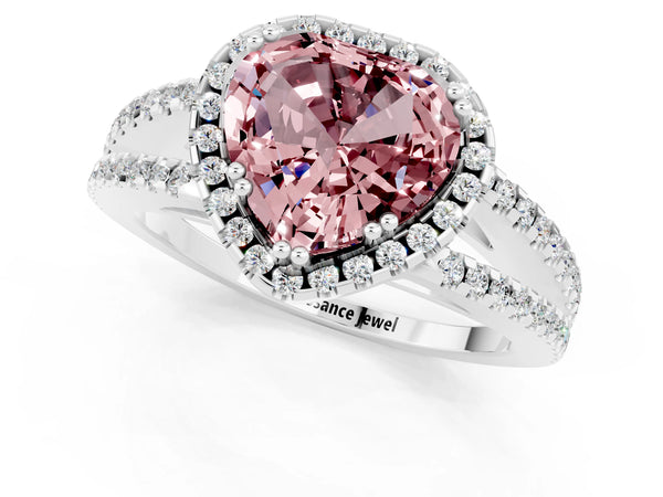 Silver Heart Cut Morganite Halo Split Shank Engagement Ring
