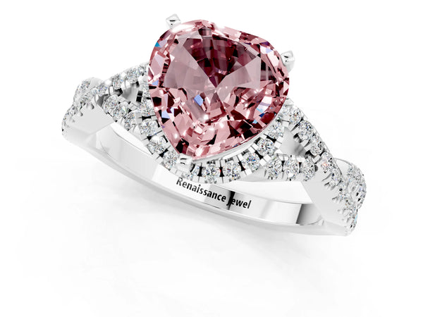 White gold Heart Cut Morganite  Halo Twist Band Solitaire Prong Setting Ring