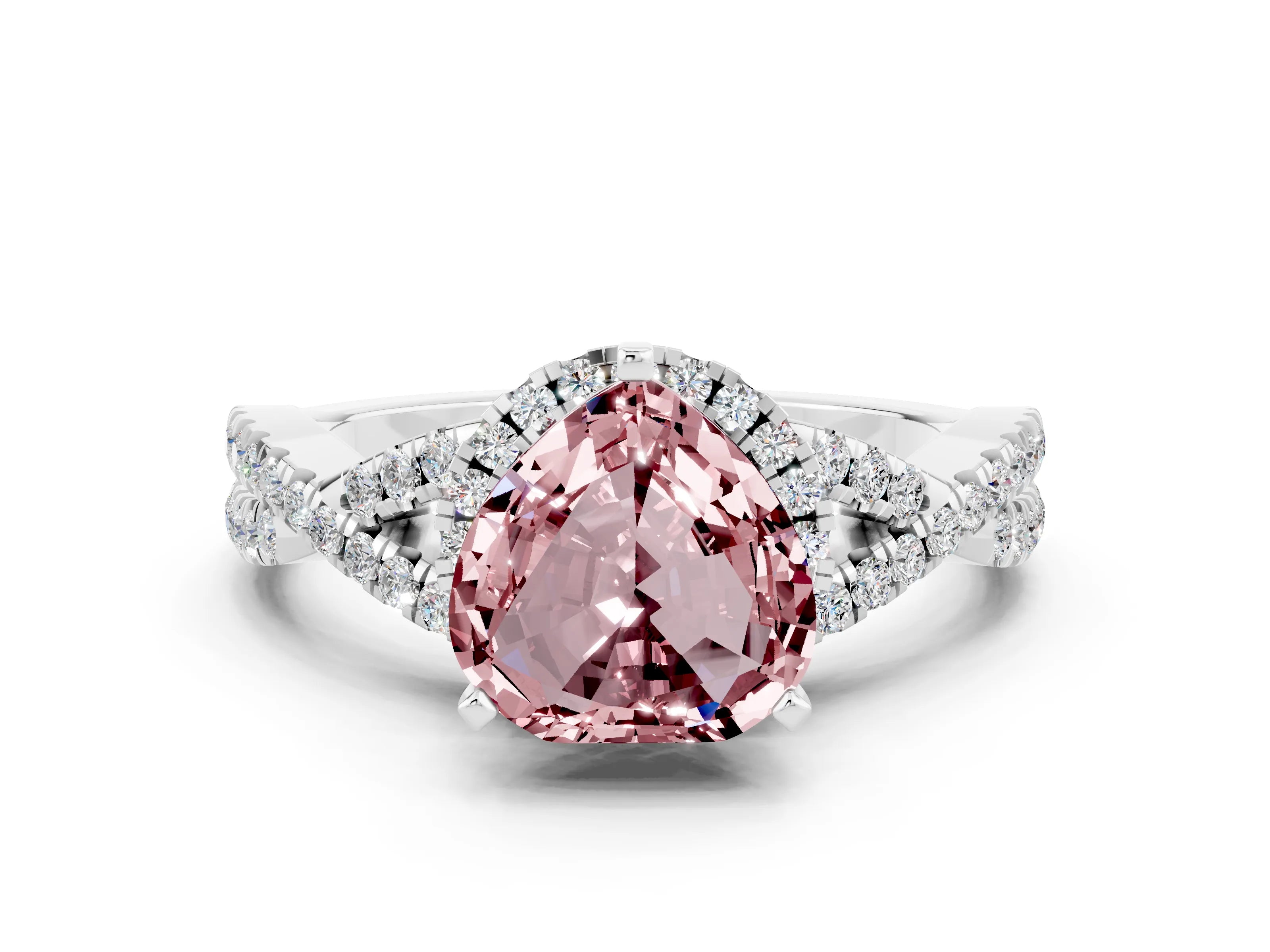 White gold Heart Cut Morganite Halo Twist Band Solitaire Prong Setting Ring