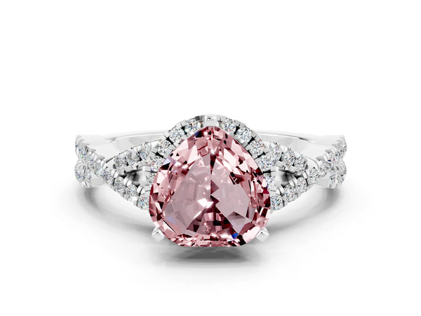 White gold Heart Cut Morganite  Halo Twist Band Solitaire Prong Setting Ring