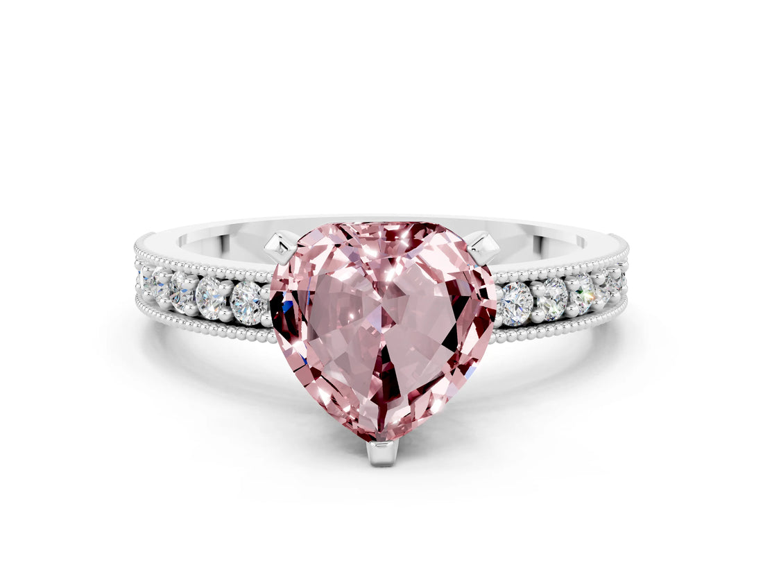 White gold Heart Cut Morganite Milgrain Pavé Engagement Ring with Four-Prong Setting_12
