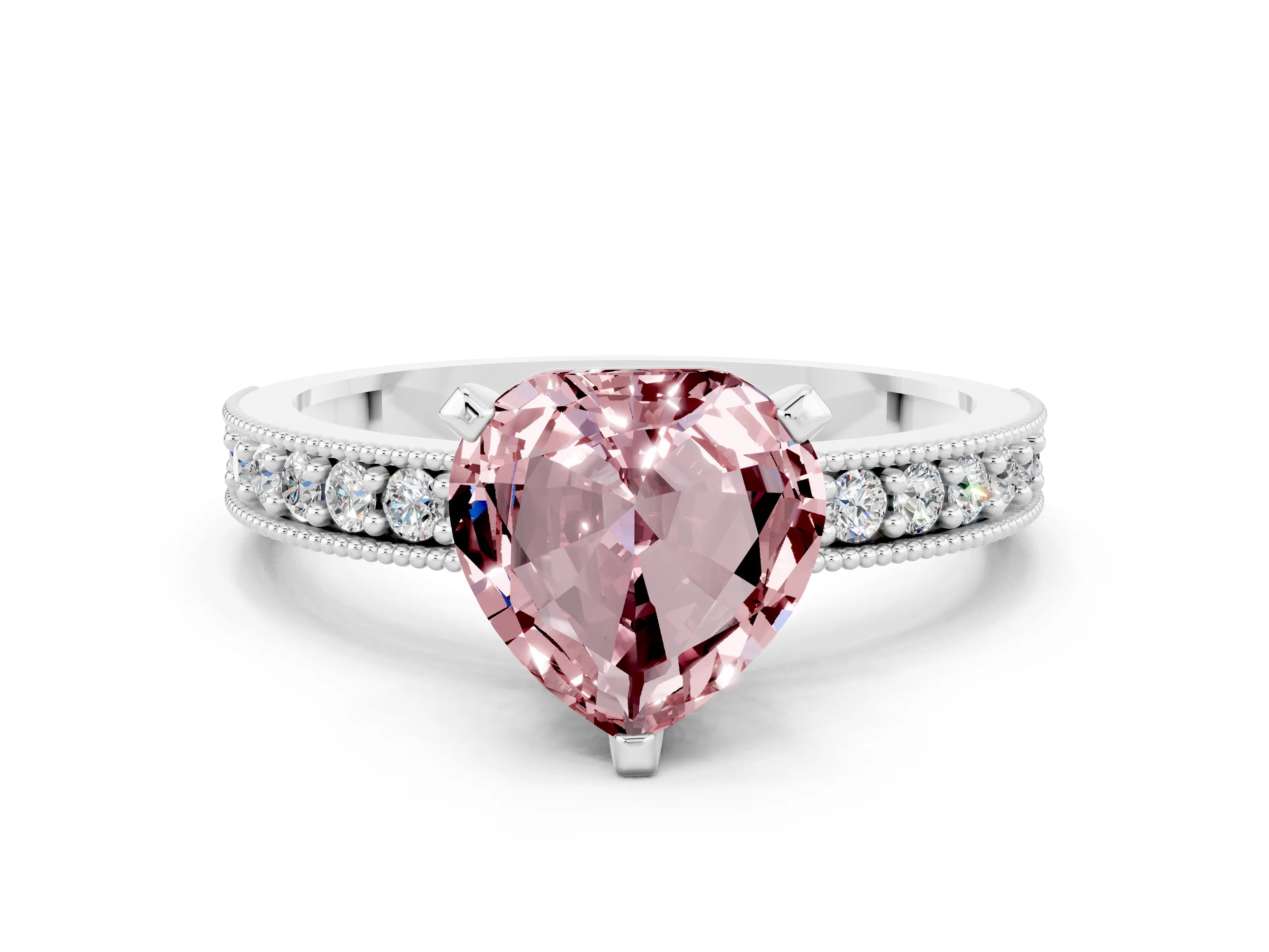 White gold Heart Cut Morganite Milgrain Pavé Engagement Ring with Four-Prong Setting_12