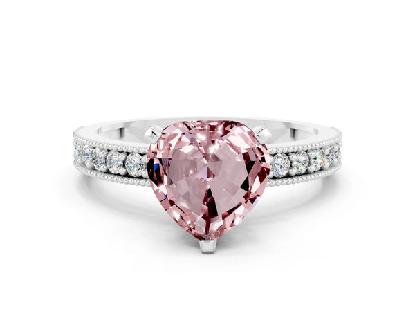 White gold Heart Cut Morganite Milgrain Pavé Engagement Ring with Four-Prong Setting