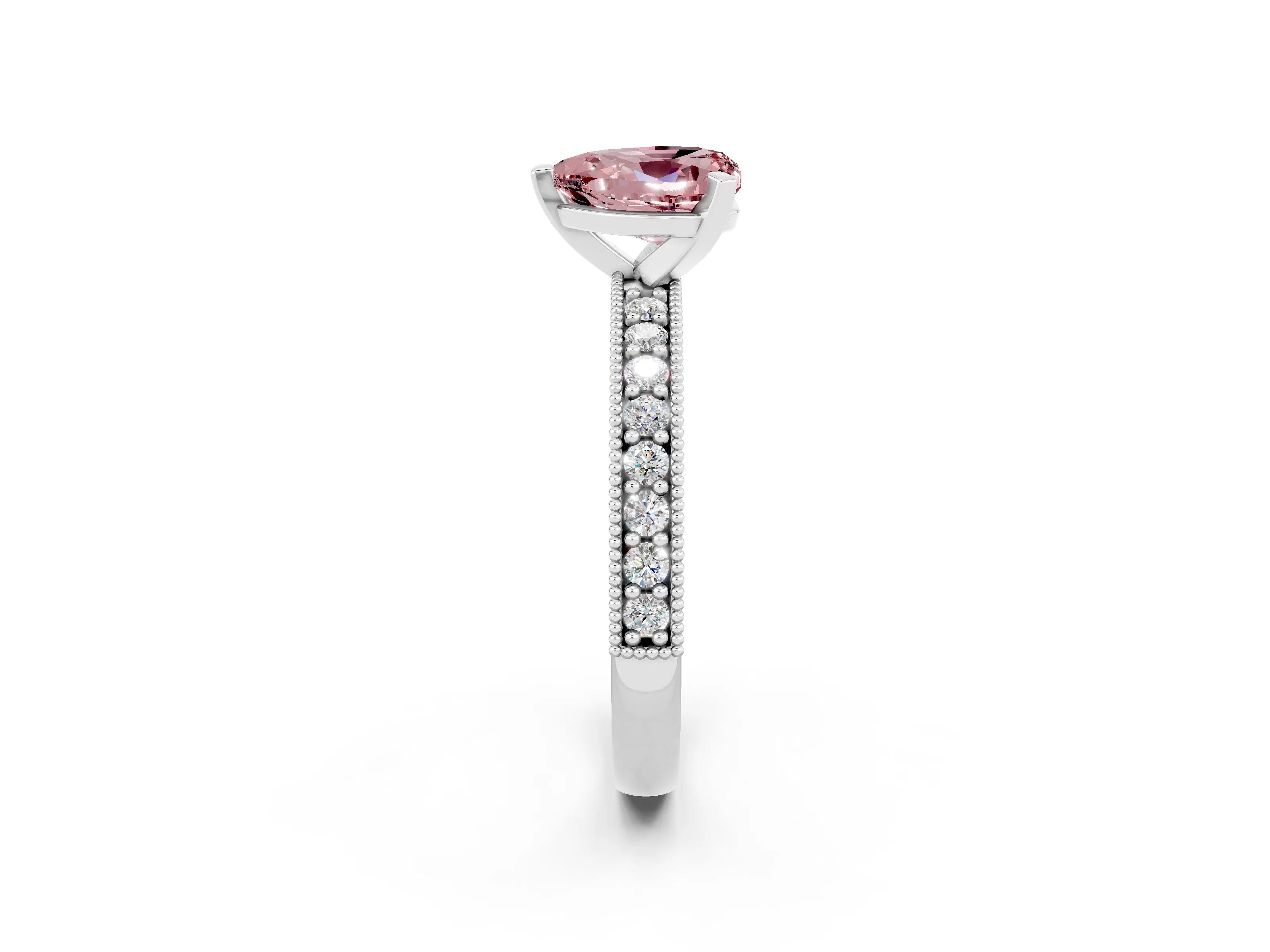 White gold Heart Cut Morganite Milgrain Pavé Engagement Ring with Four-Prong Setting_14