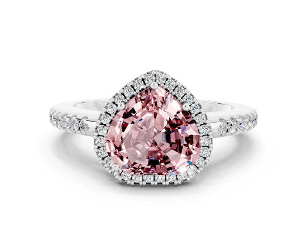 White gold Heart Cut Morganite Pavé Halo Ring with Four-Prong Setting
