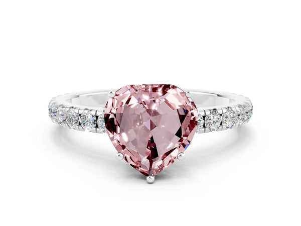 Platinum Heart Cut Morganite Pavé Solitaire Engagement Ring with Four-Prong Setting