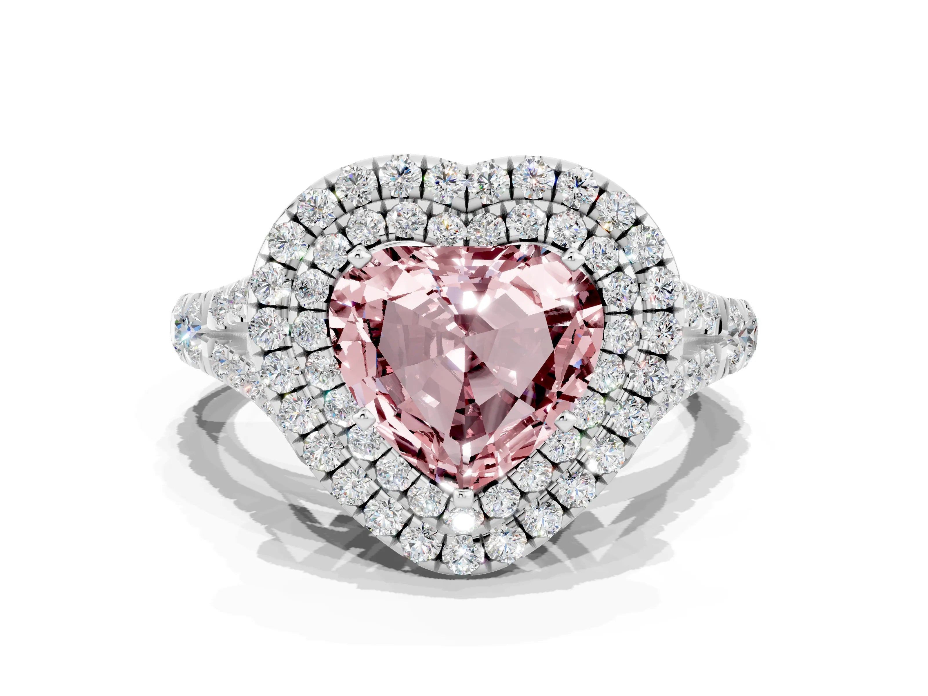 White gold Heart Cut Morganite Pavé Split Shank Double Halo Engagement Ring