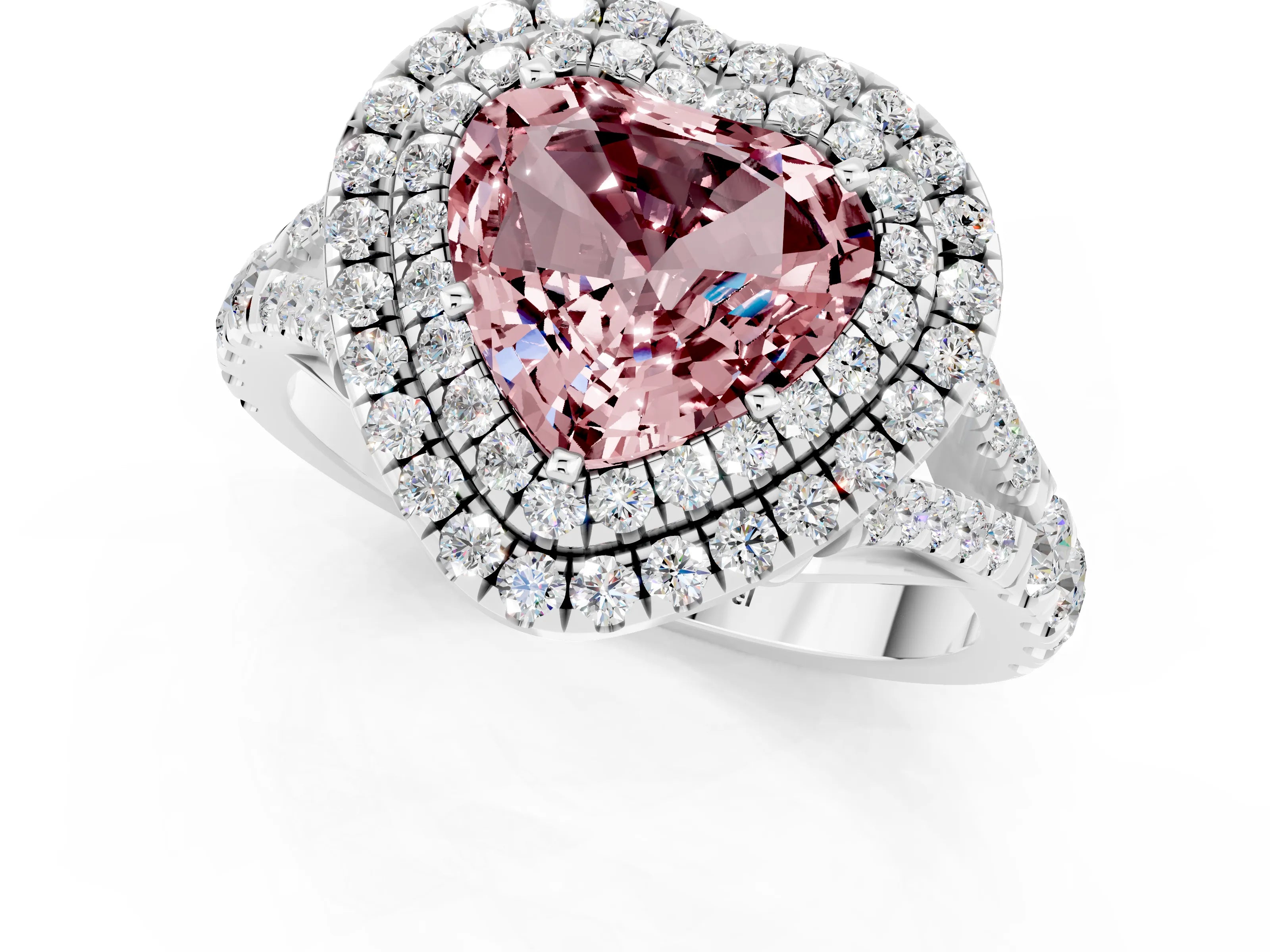 White gold Heart Cut Morganite Pavé Split Shank Double Halo Engagement Ring_1