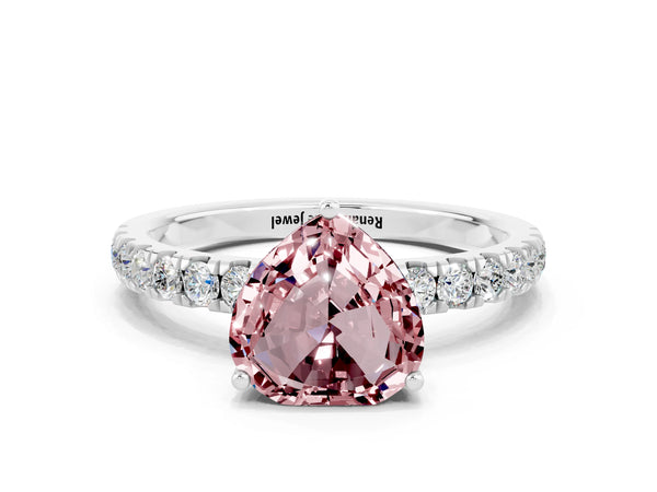 Platinum Heart Cut Morganite Pave Band Solitaire Ring with Round  and Prong Setting