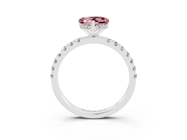Platinum Heart Cut Morganite Pave Band Solitaire Ring with Round  and Prong Setting