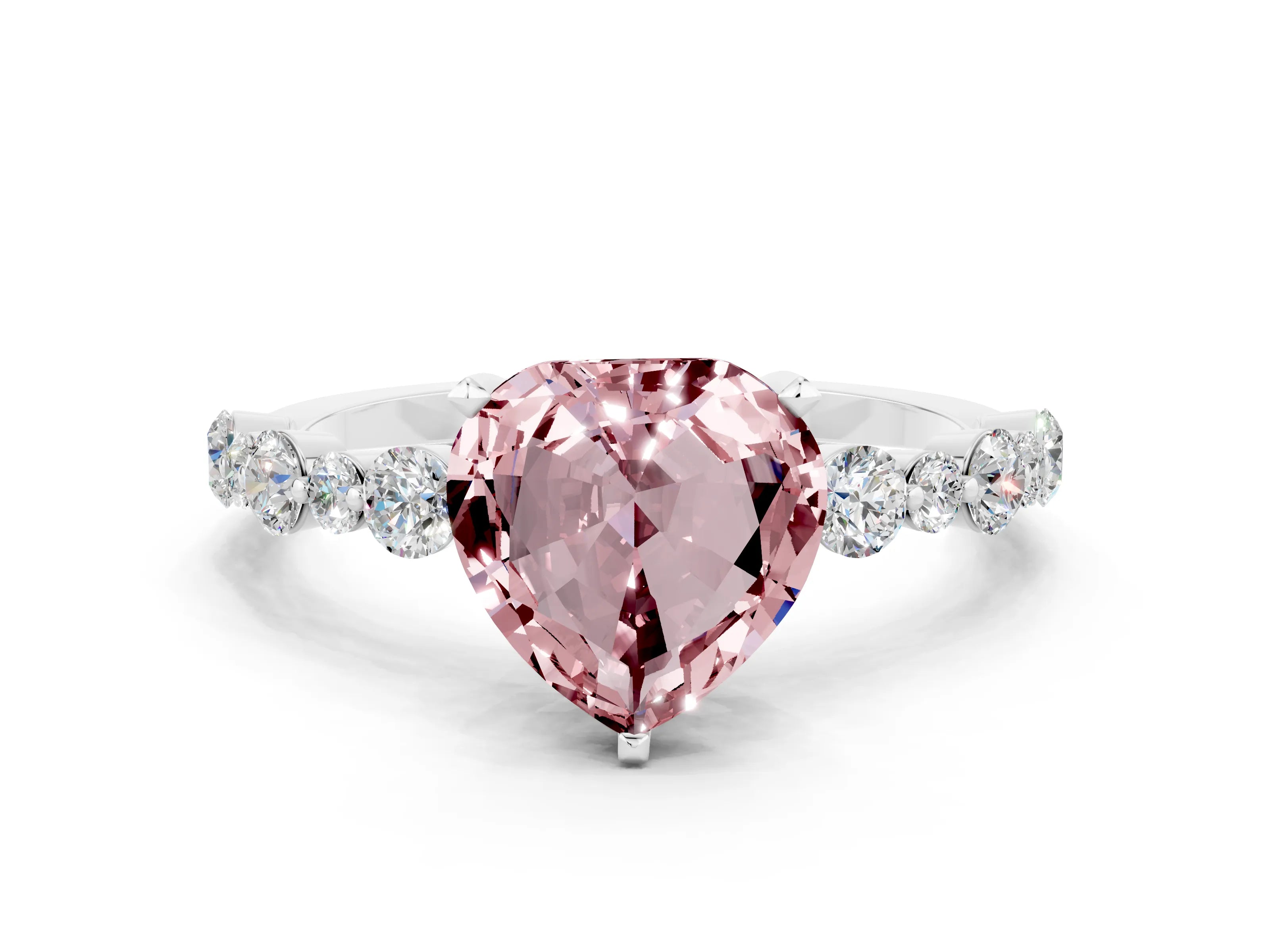 White gold Heart Cut Morganite Prong Set Engagement Ring with Pavé Band