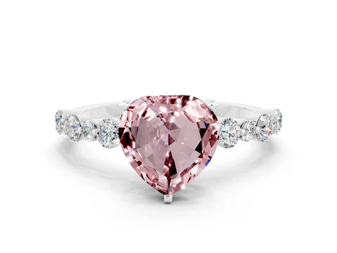 White gold Heart Cut Morganite Prong Set Engagement Ring with Pavé Band