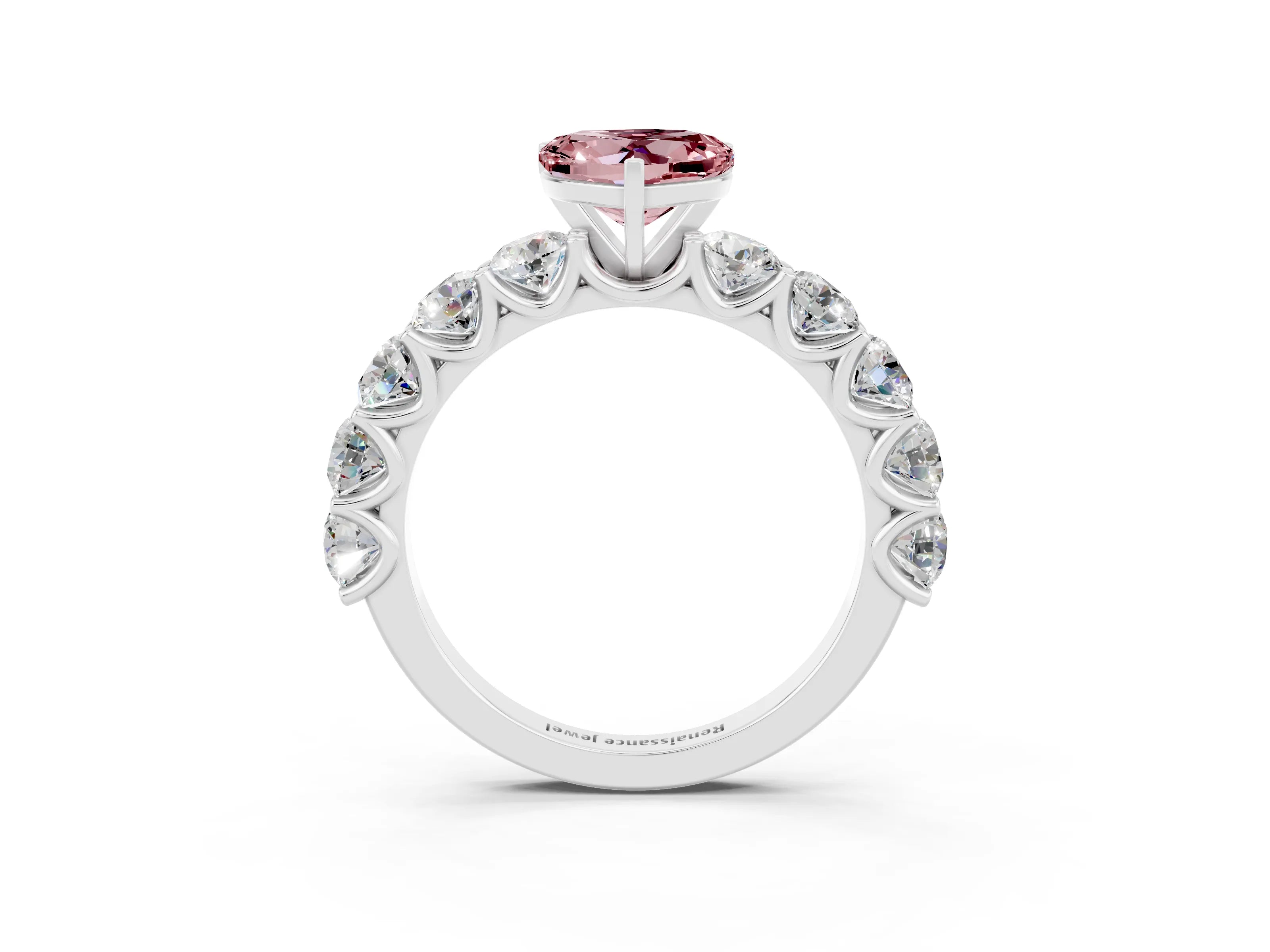 White gold Heart Cut Morganite Prong Setting with Side Stones on a Pave Band_3